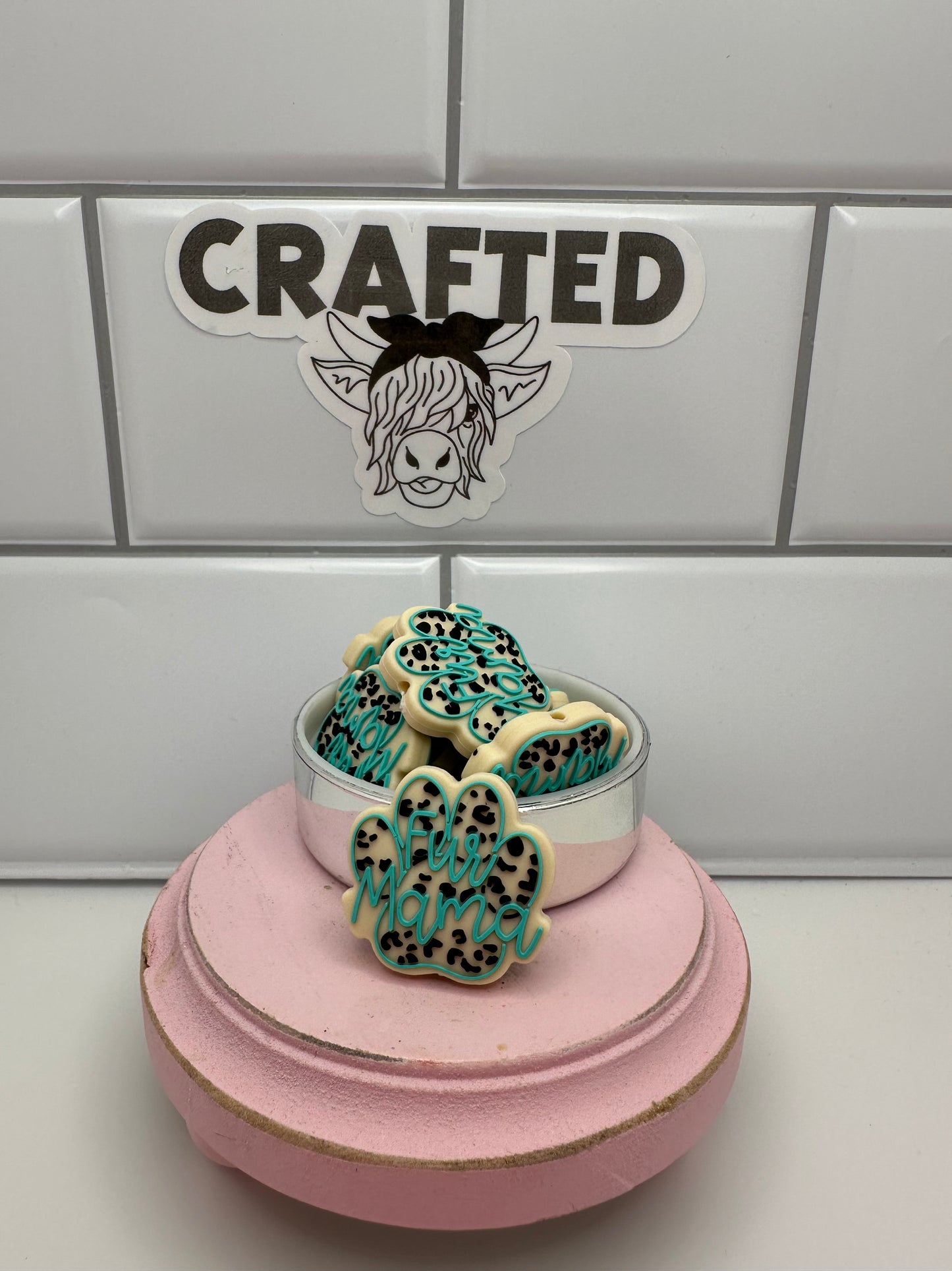 Teal and cream fur mama focal bead