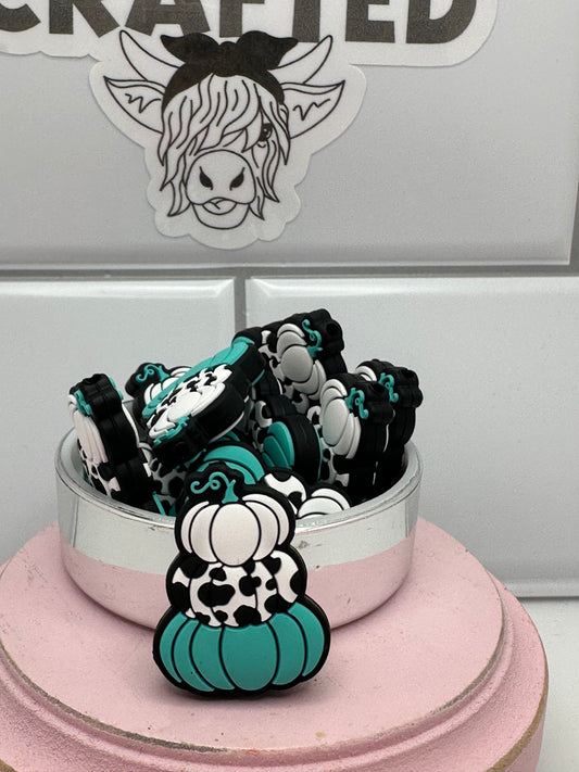 Teal & cow print pumpkin stack
