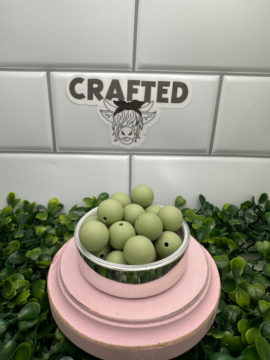Sage green 15 mm silicone round bead