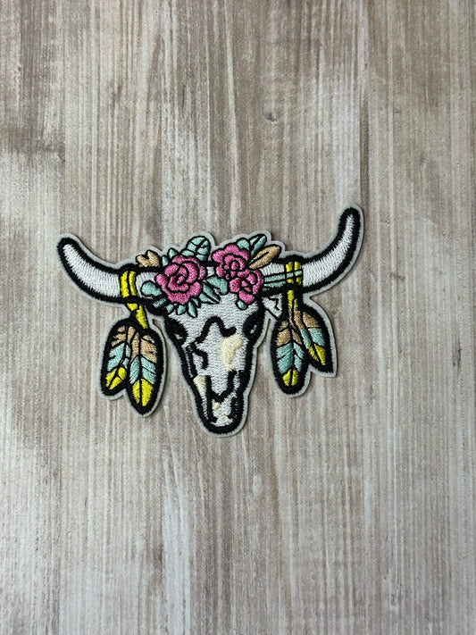 Skull with feathers iron on trucker hat patch