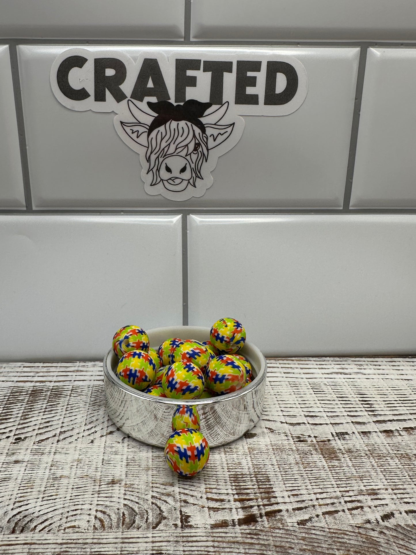 Autism awareness 15 mm round print bead